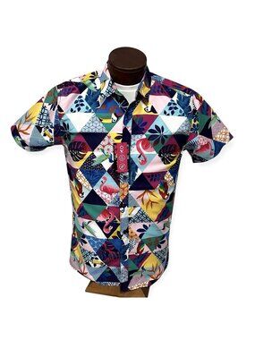 Surf Society Mens Large Hawaiian Shirt Tropical Birds Flamingos Parrots NWT